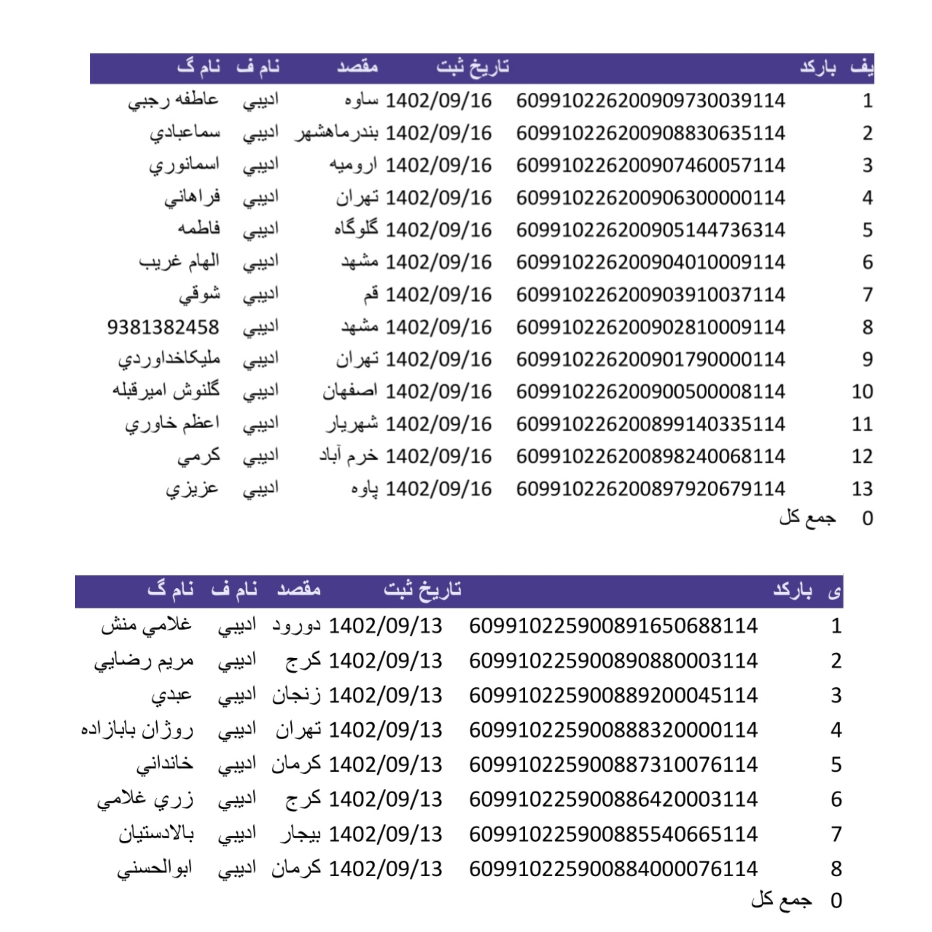 کد رهگیری ۱۳ و ۱۶ آذر