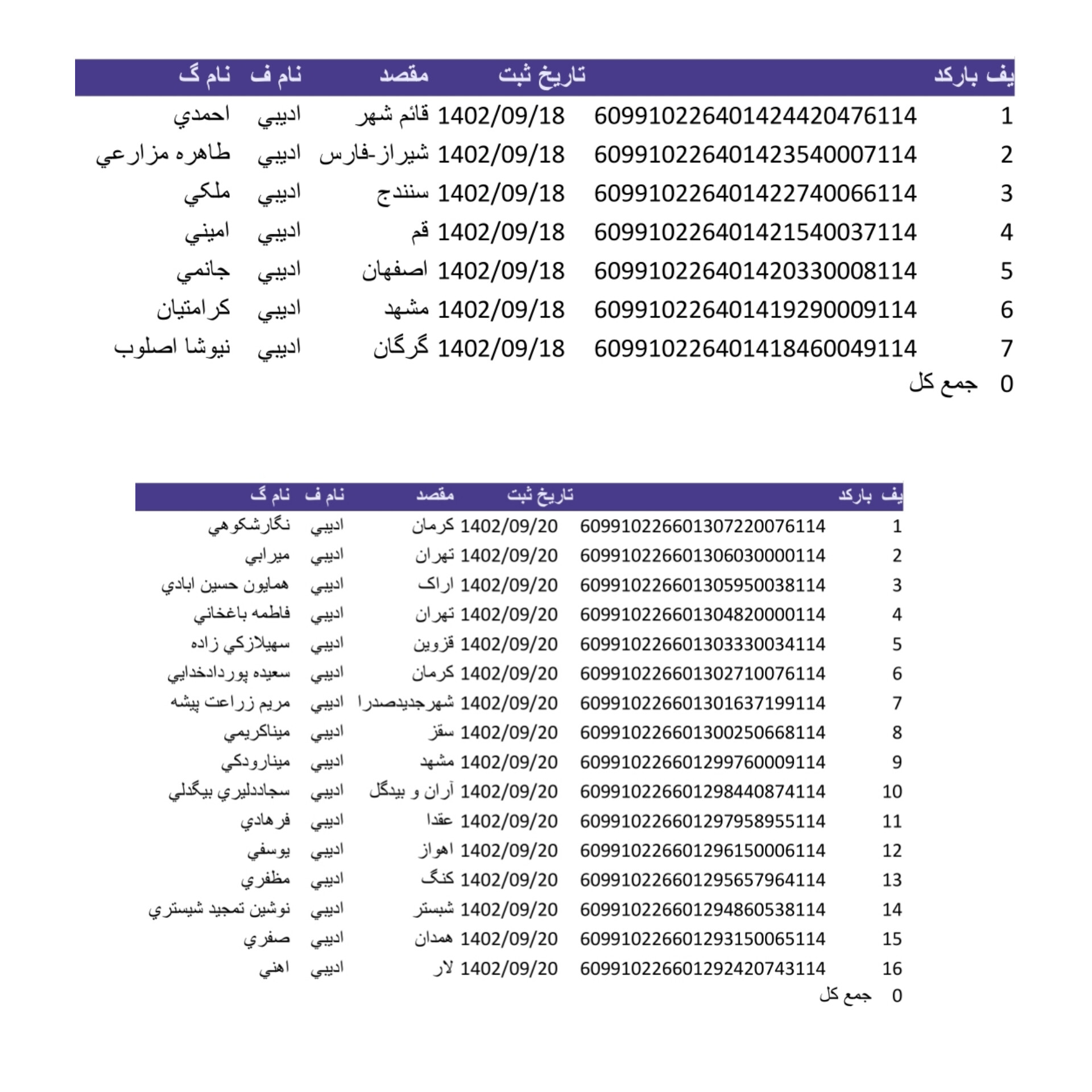 کد رهگیری ۱۸و ۲۰اذر