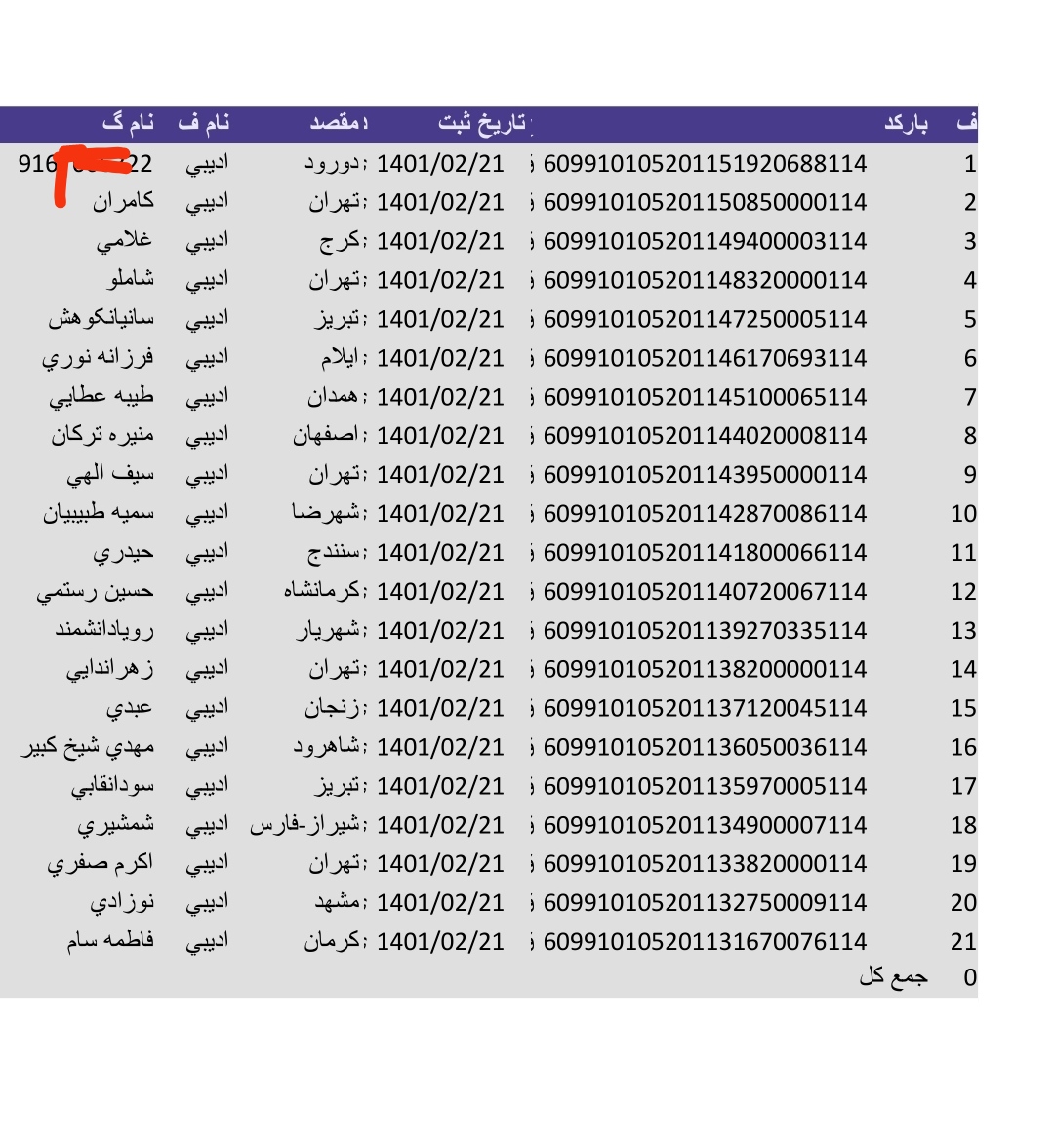 کد رهگیری های ۲۱اردیبهشت