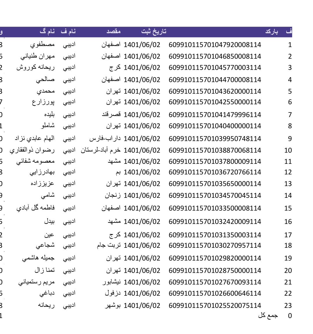 کد رهگیری ۲شهریور