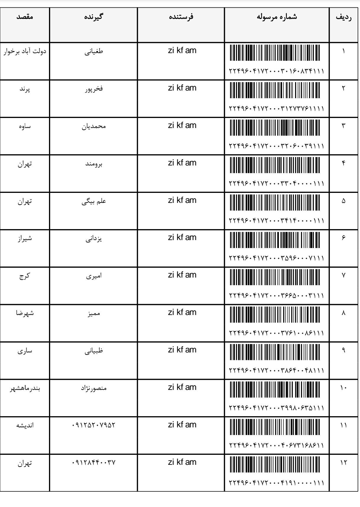 کد رهگیری 12شهریور